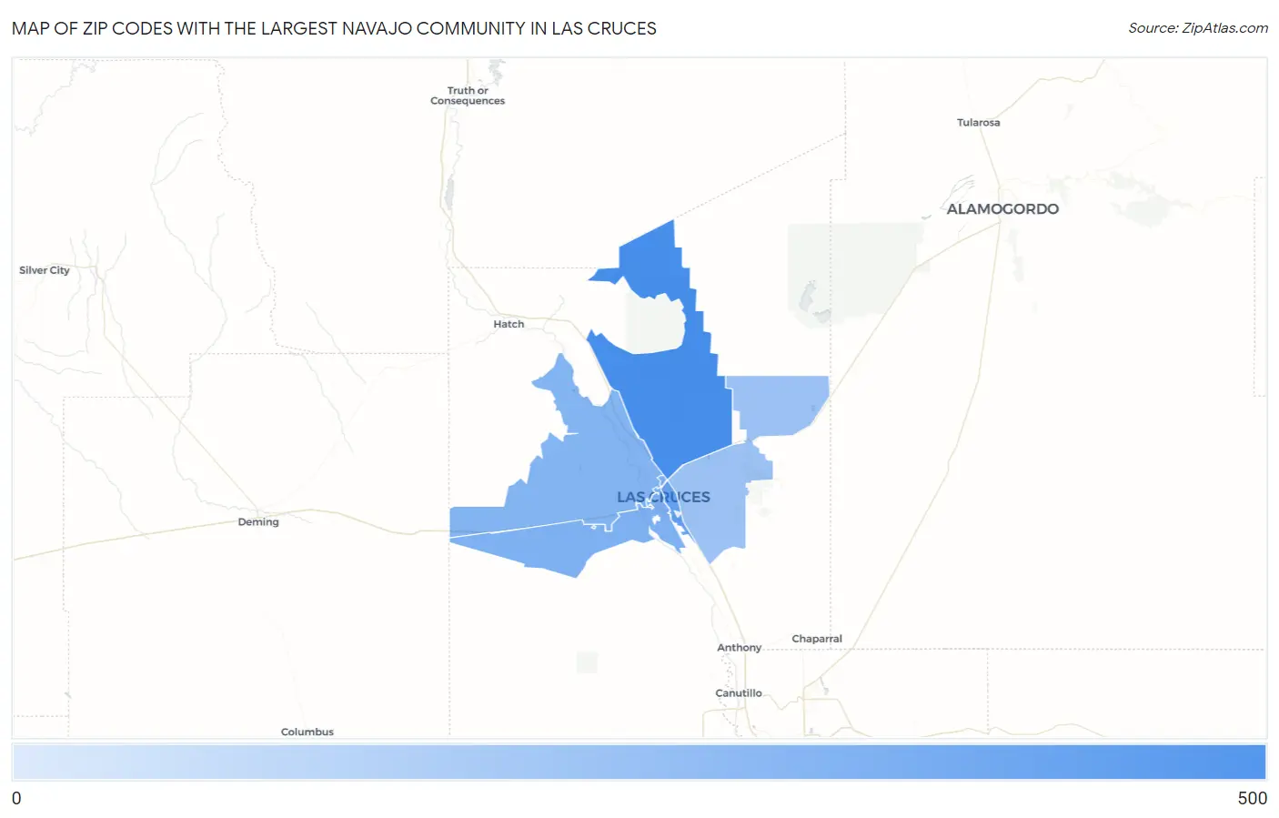 Zip Codes with the Largest Navajo Community in Las Cruces Map