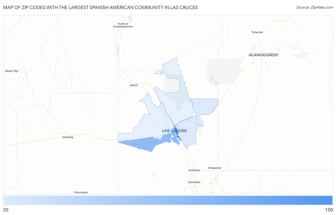 Zip Codes with the Largest Spanish American Community in Las Cruces Map