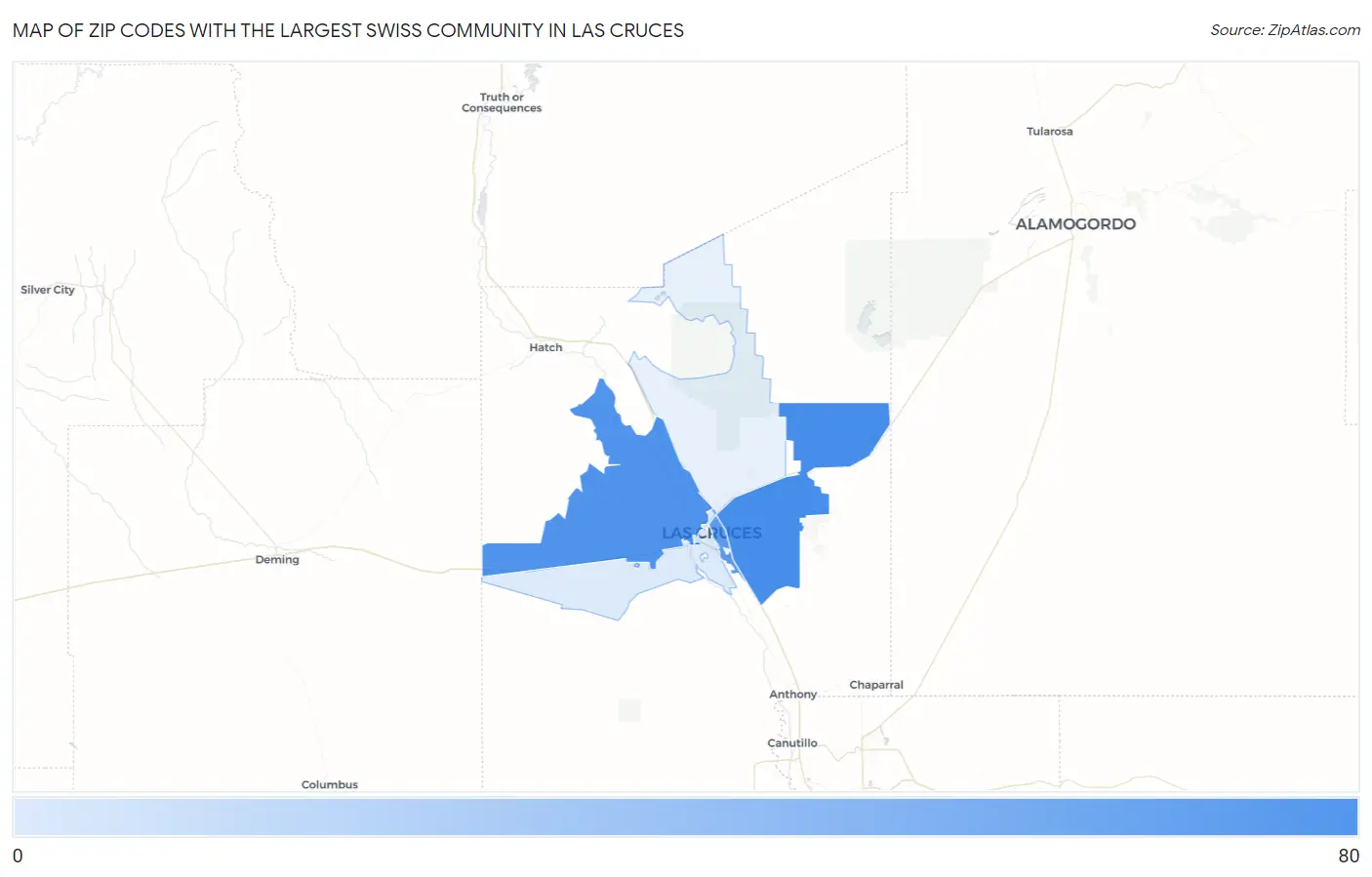 Zip Codes with the Largest Swiss Community in Las Cruces Map
