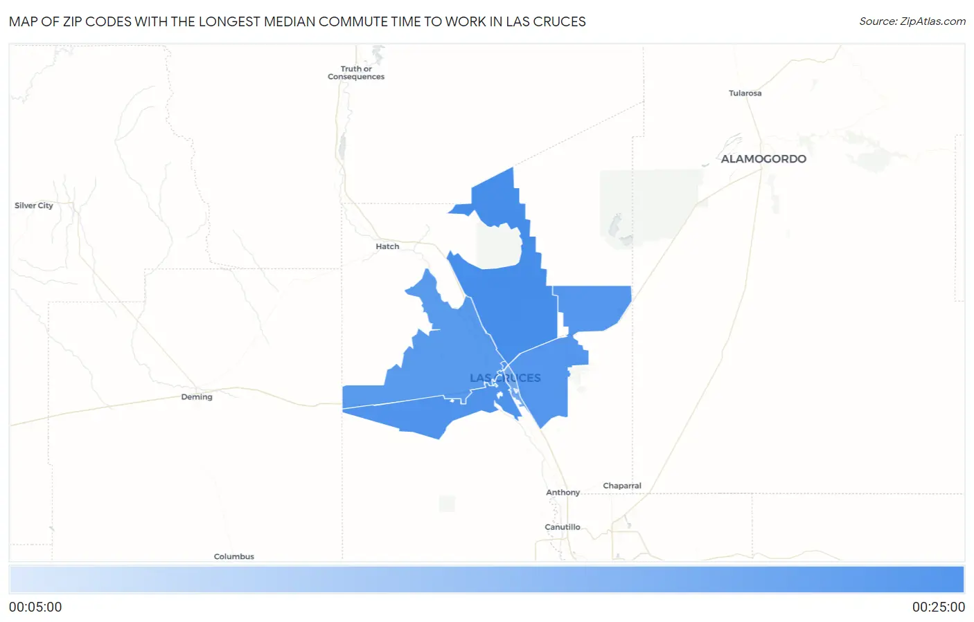 Zip Codes with the Longest Median Commute Time to Work in Las Cruces Map