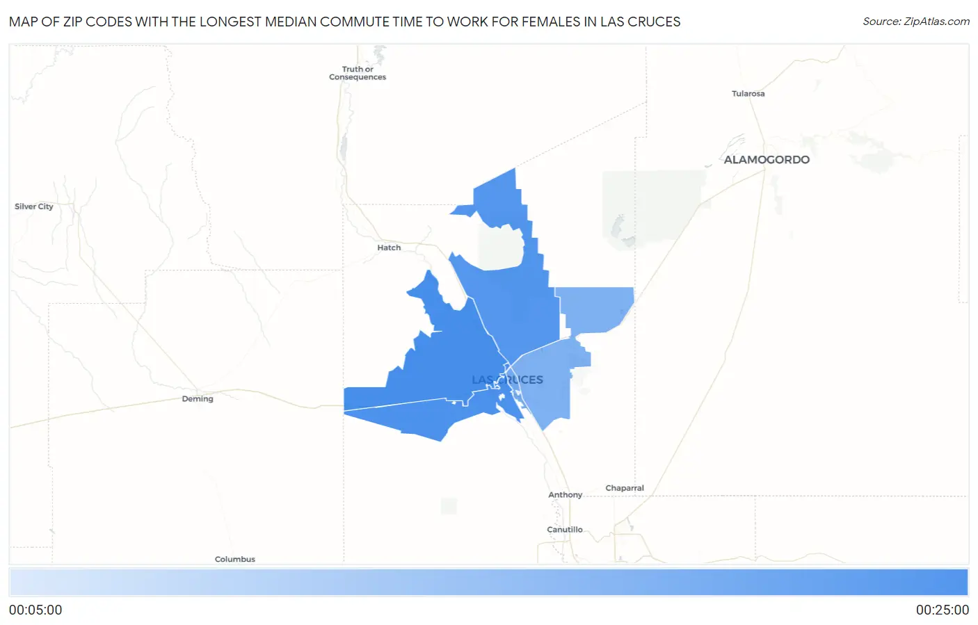 Zip Codes with the Longest Median Commute Time to Work for Females in Las Cruces Map
