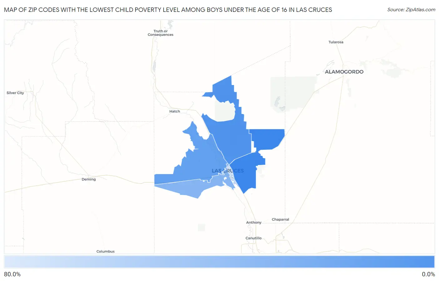 Zip Codes with the Lowest Child Poverty Level Among Boys Under the Age of 16 in Las Cruces Map
