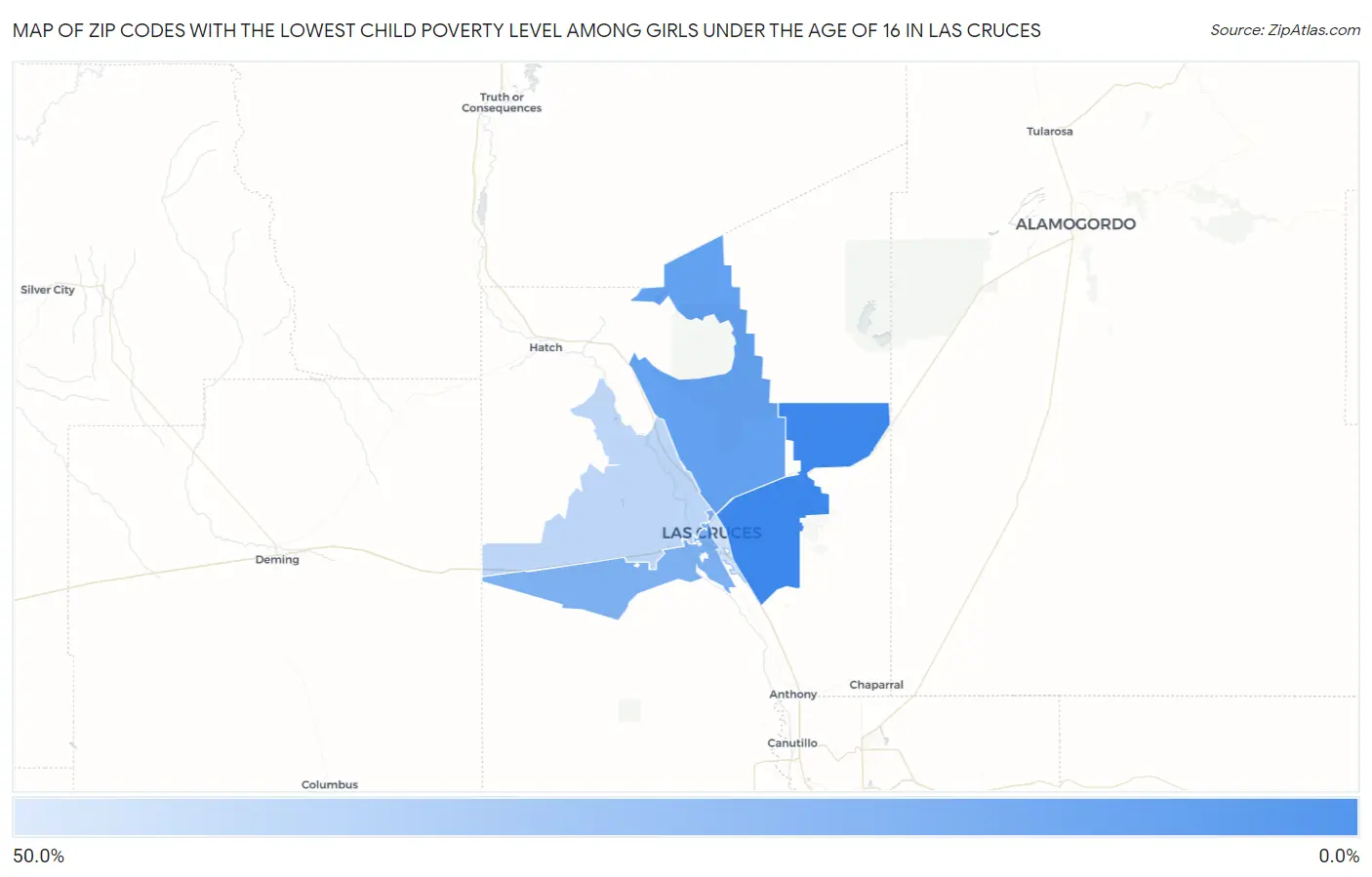 Zip Codes with the Lowest Child Poverty Level Among Girls Under the Age of 16 in Las Cruces Map