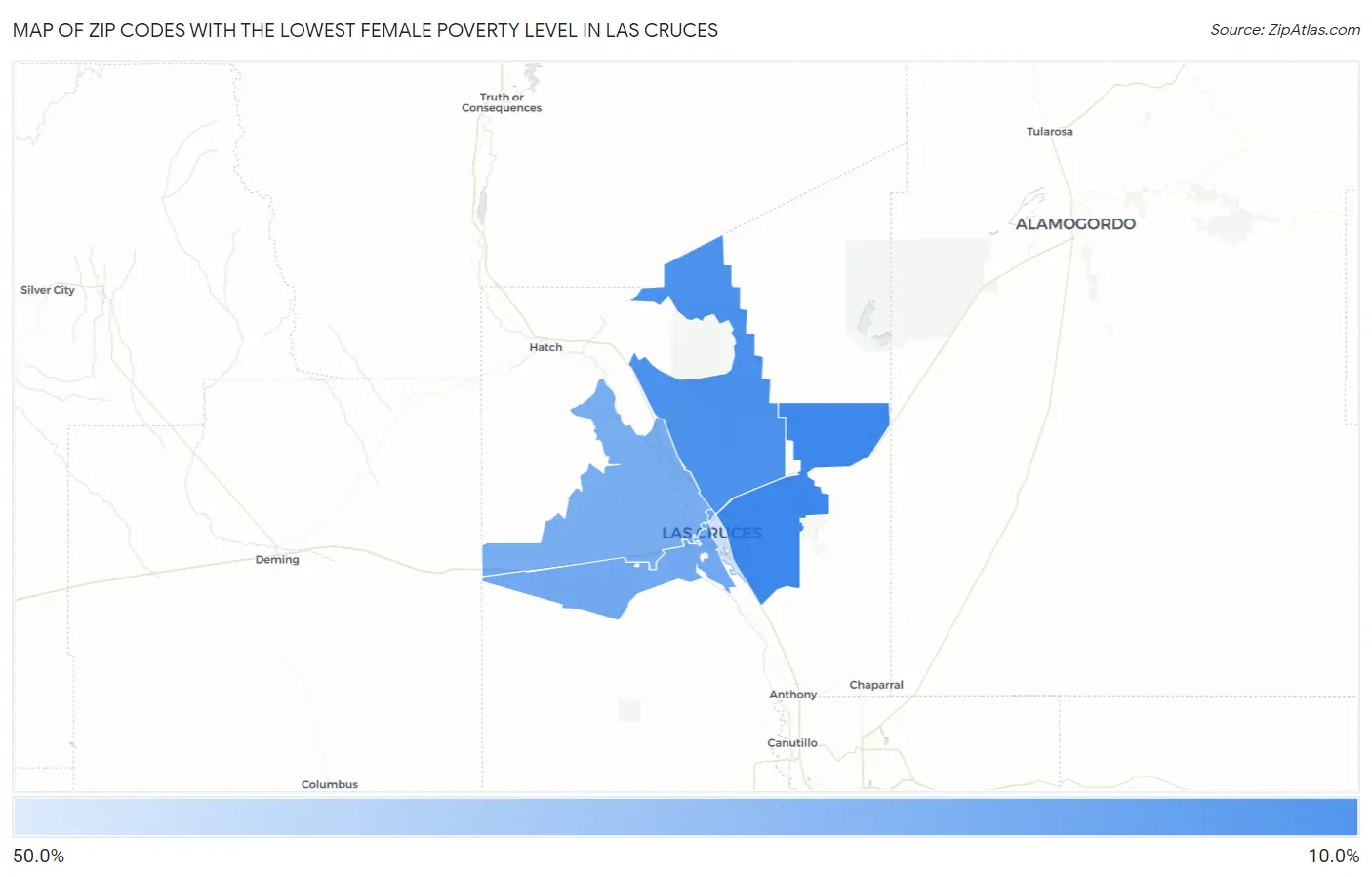 Zip Codes with the Lowest Female Poverty Level in Las Cruces Map