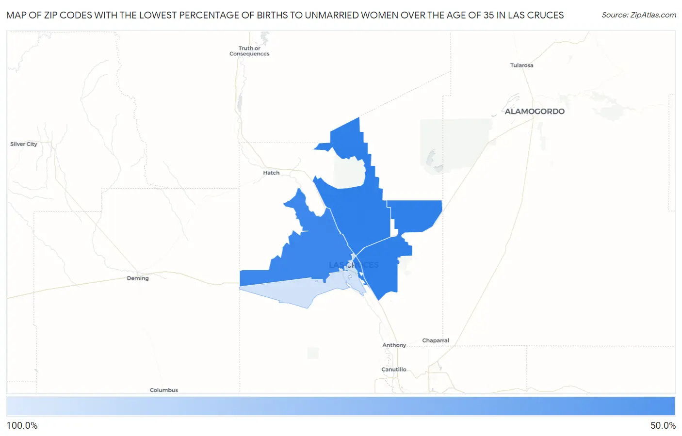 Zip Codes with the Lowest Percentage of Births to Unmarried Women over the Age of 35 in Las Cruces Map