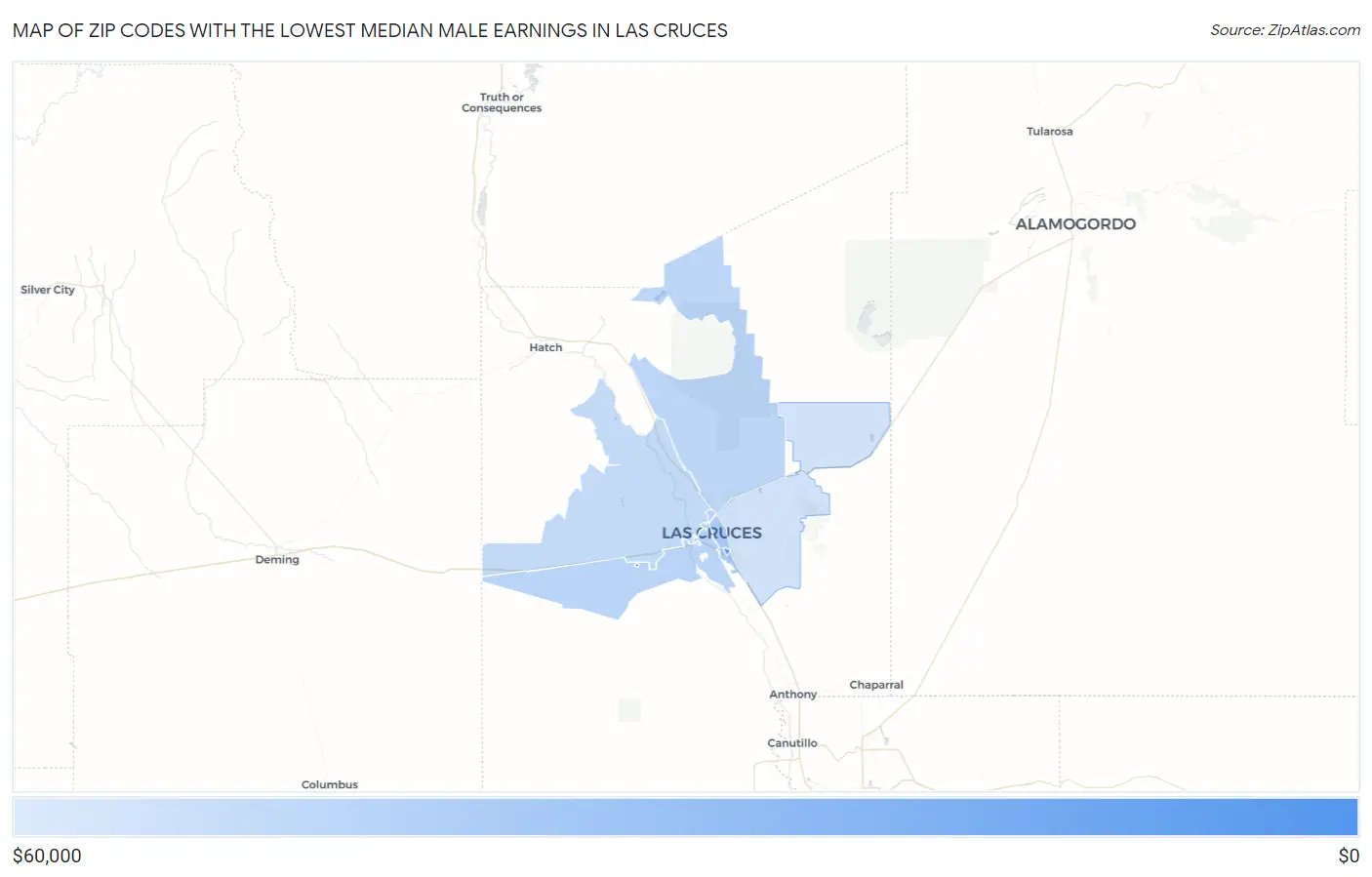 Zip Codes with the Lowest Median Male Earnings in Las Cruces Map