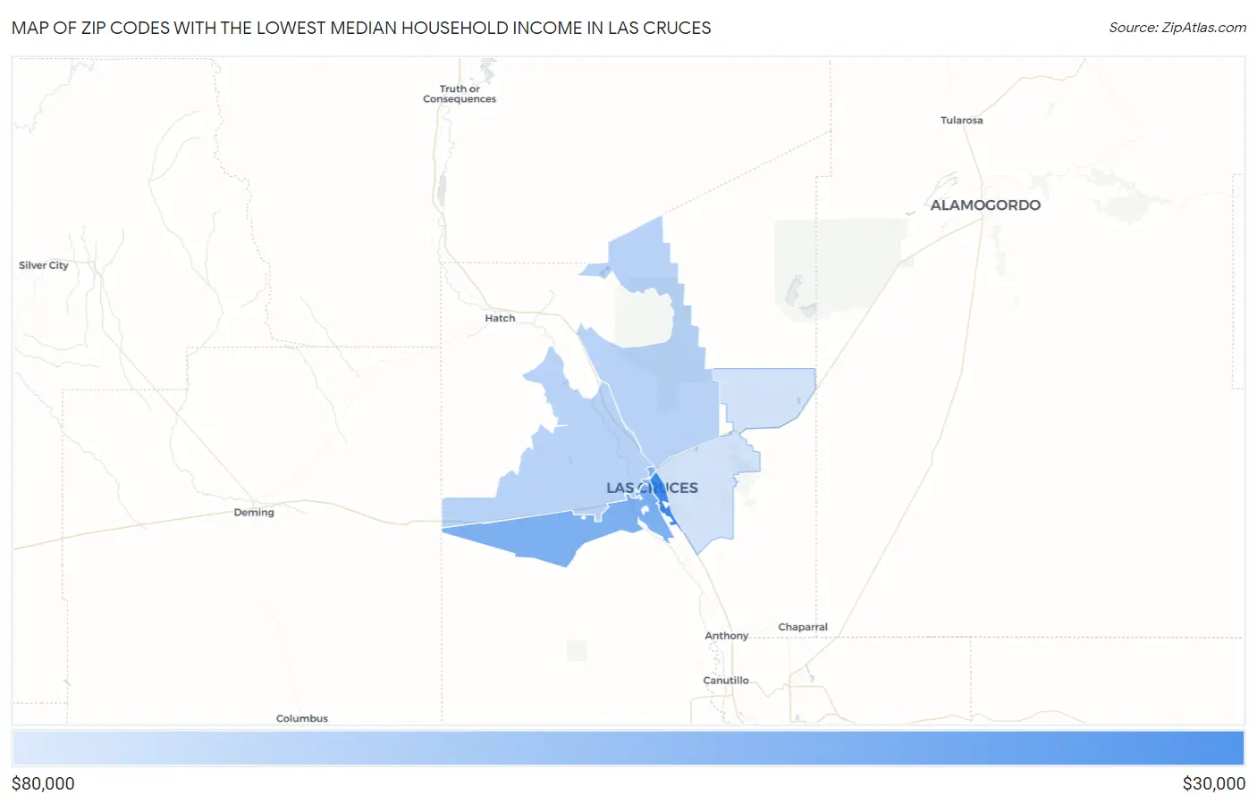 Zip Codes with the Lowest Median Household Income in Las Cruces Map