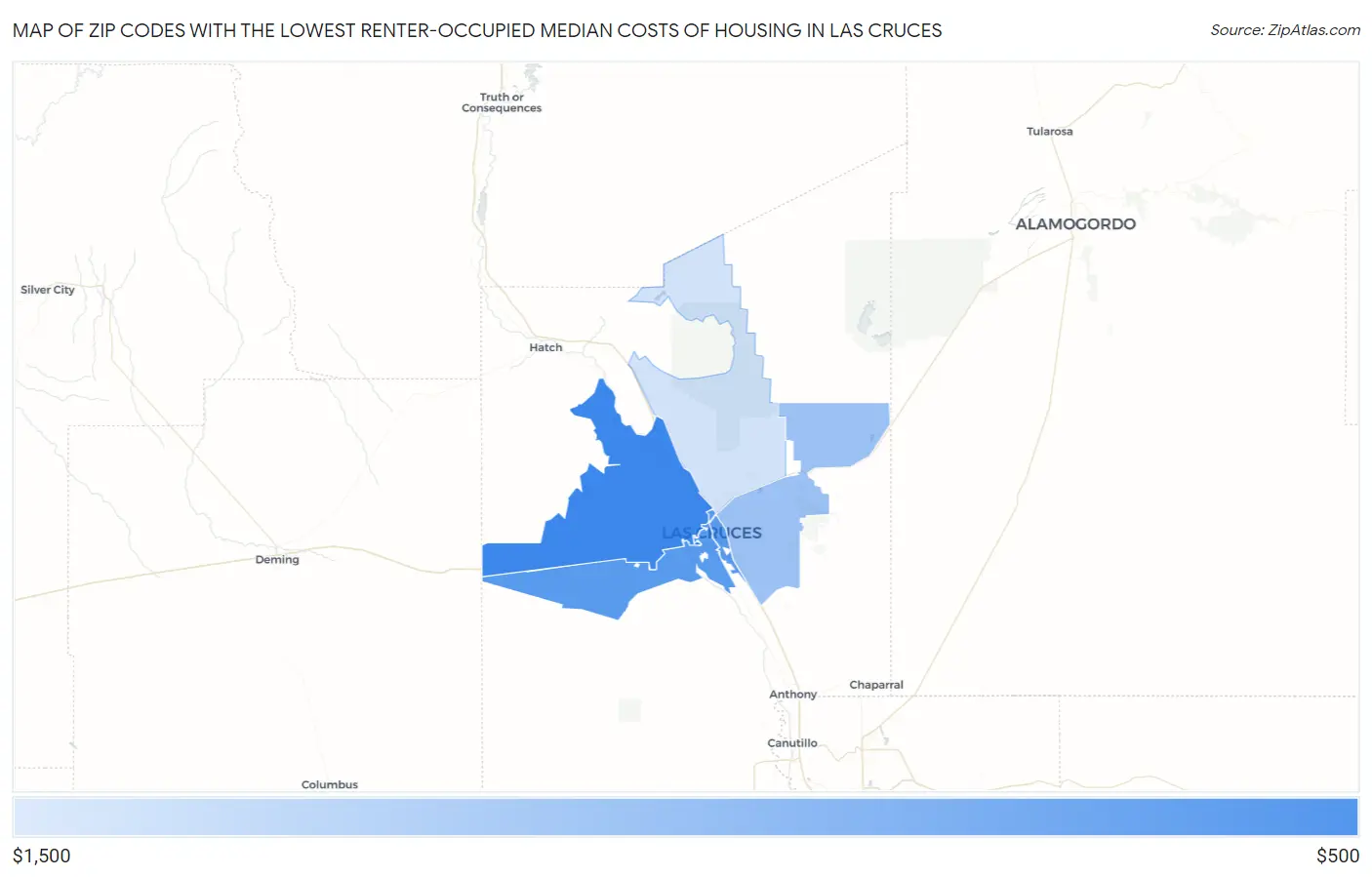 Zip Codes with the Lowest Renter-Occupied Median Costs of Housing in Las Cruces Map