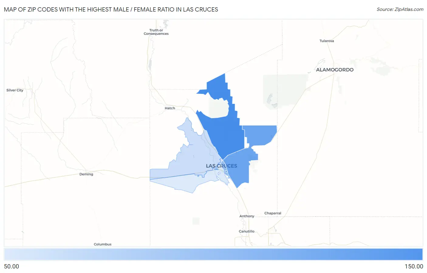 Zip Codes with the Highest Male / Female Ratio in Las Cruces Map