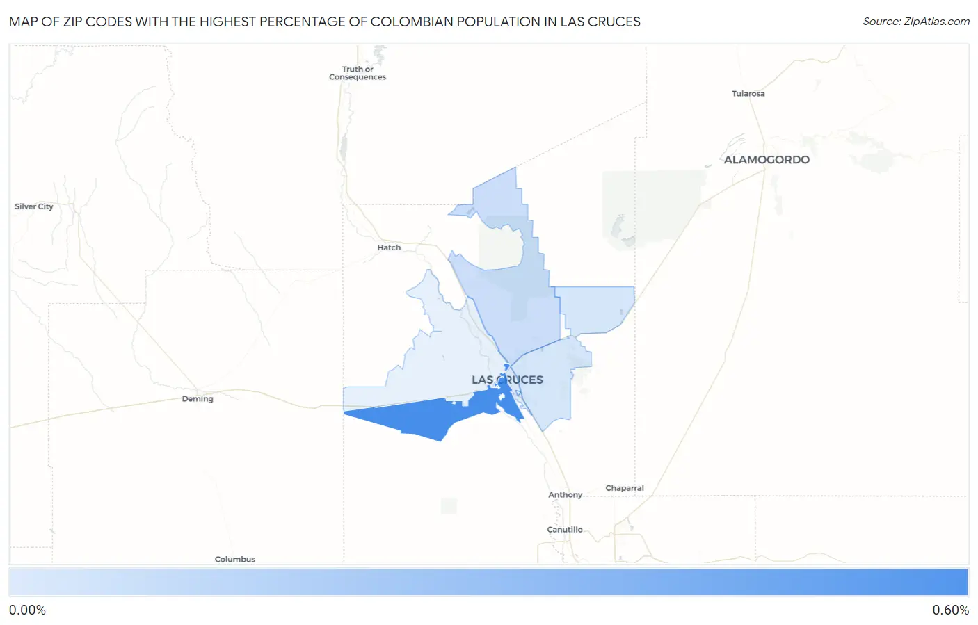 Zip Codes with the Highest Percentage of Colombian Population in Las Cruces Map