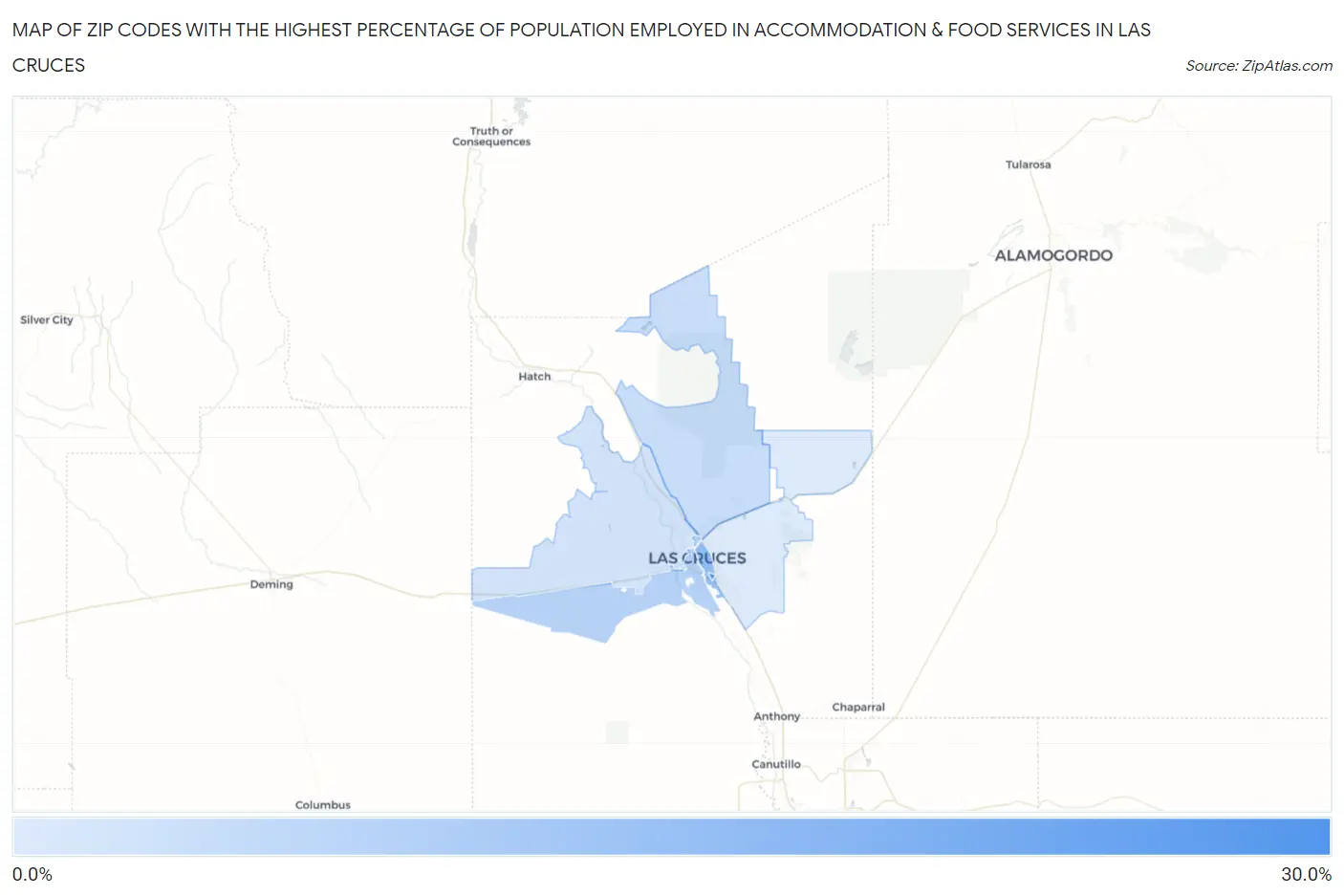 Zip Codes with the Highest Percentage of Population Employed in Accommodation & Food Services in Las Cruces Map