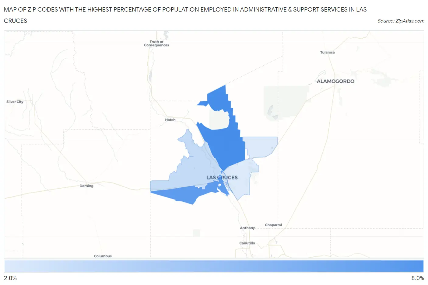 Zip Codes with the Highest Percentage of Population Employed in Administrative & Support Services in Las Cruces Map