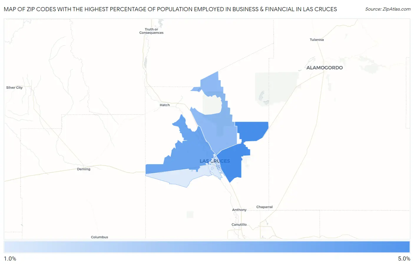 Zip Codes with the Highest Percentage of Population Employed in Business & Financial in Las Cruces Map