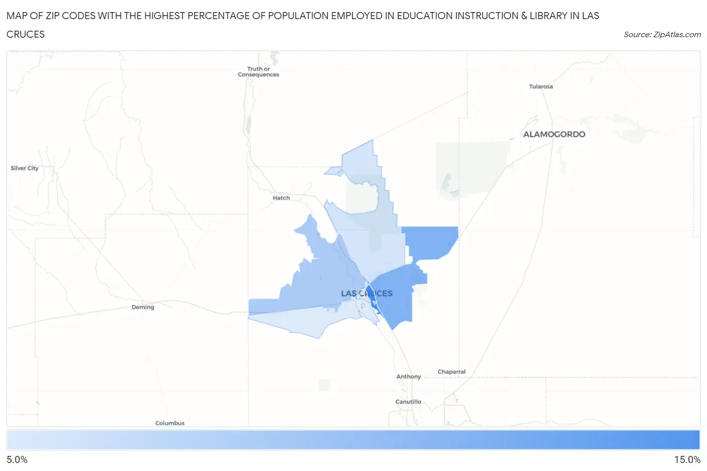 Zip Codes with the Highest Percentage of Population Employed in Education Instruction & Library in Las Cruces Map