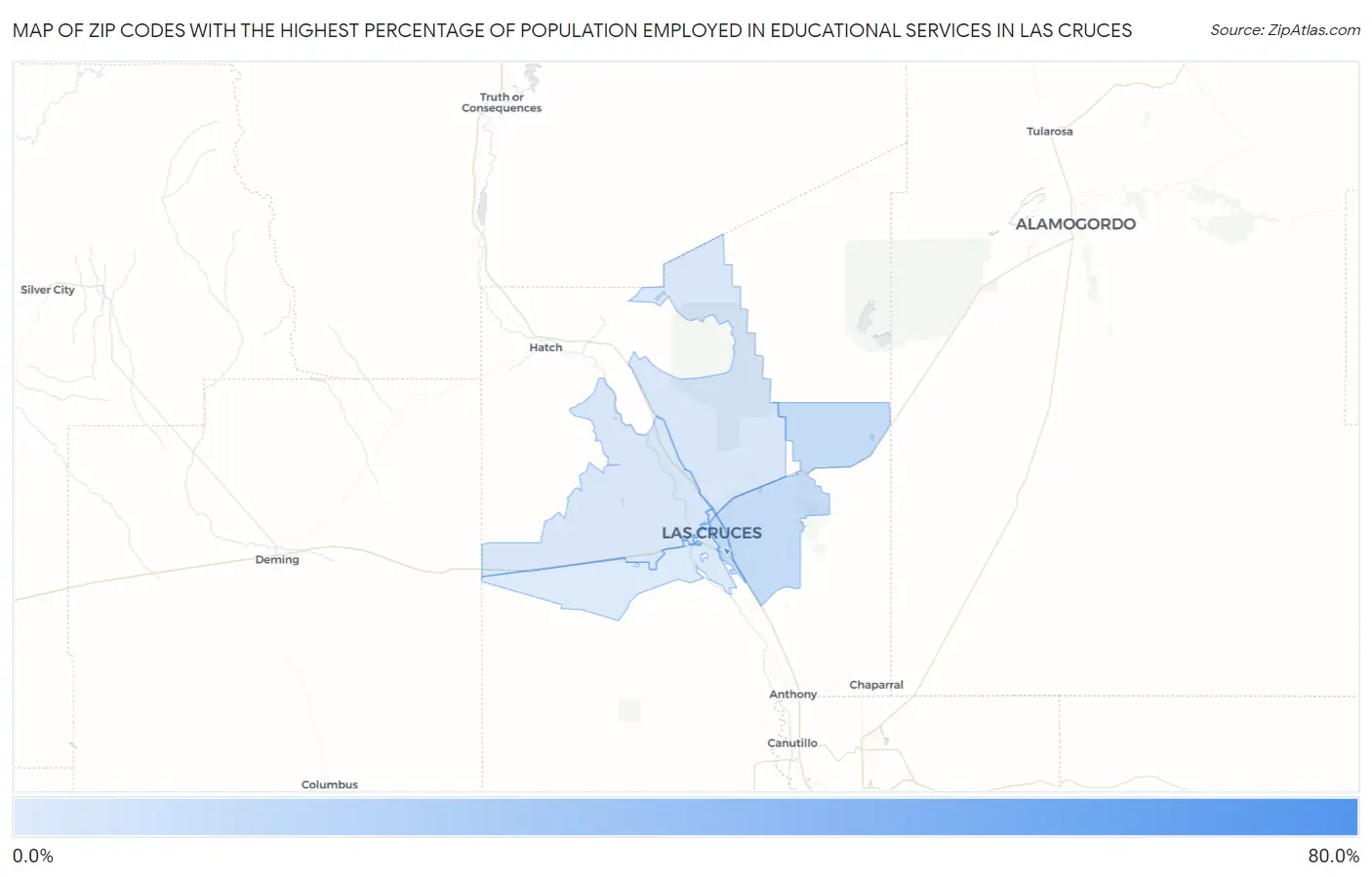 Zip Codes with the Highest Percentage of Population Employed in Educational Services in Las Cruces Map