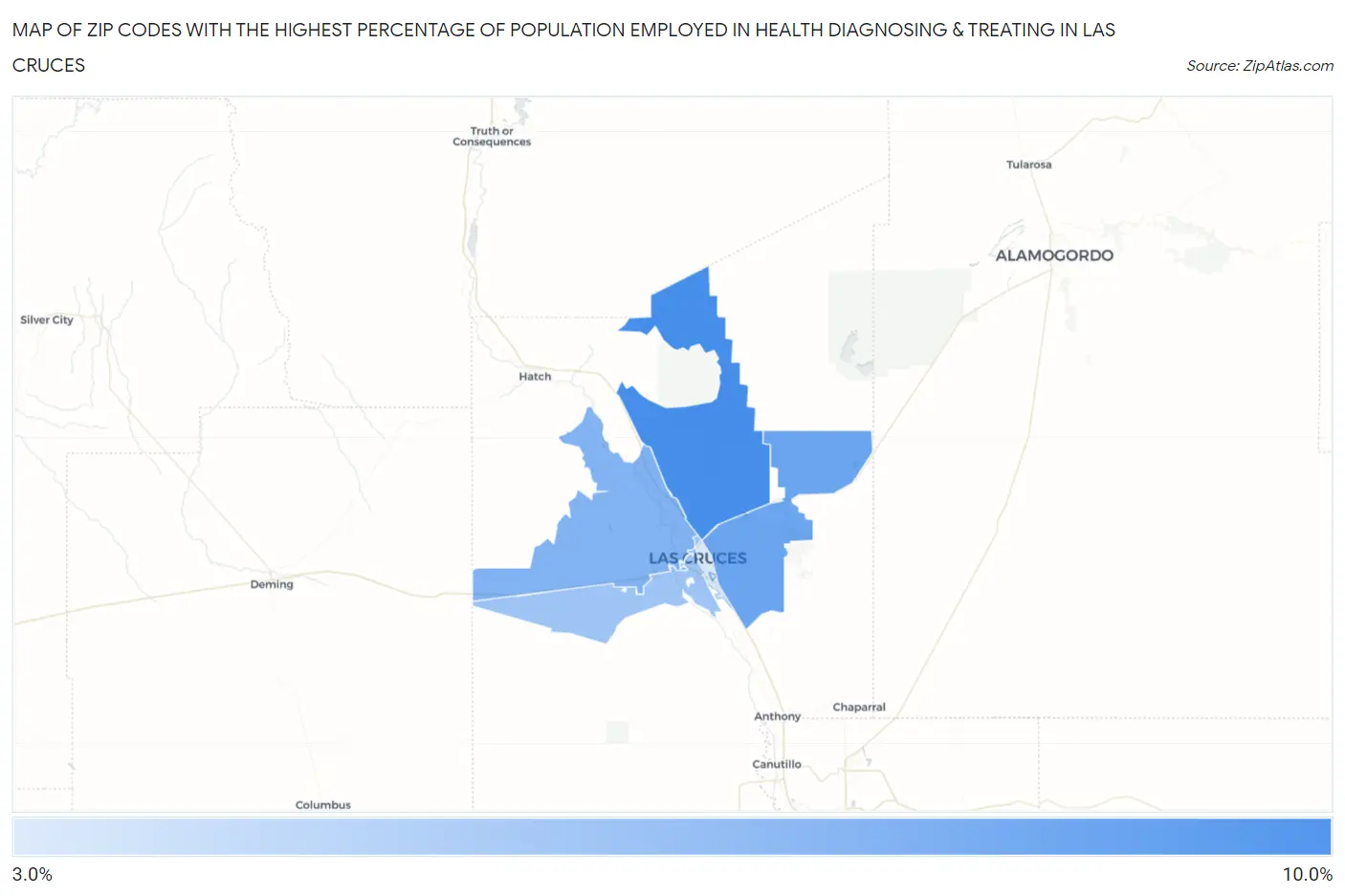 Zip Codes with the Highest Percentage of Population Employed in Health Diagnosing & Treating in Las Cruces Map