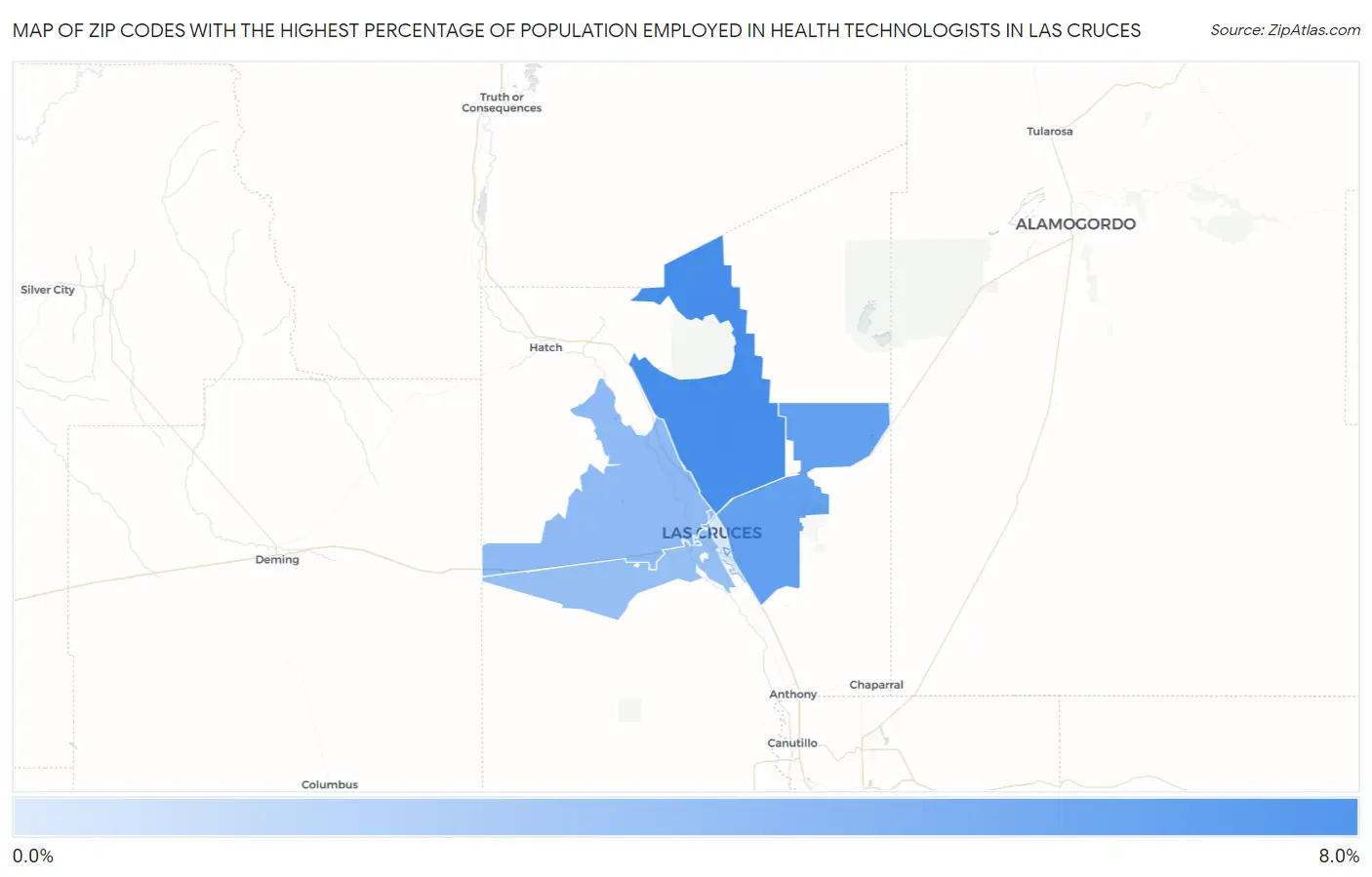 Zip Codes with the Highest Percentage of Population Employed in Health Technologists in Las Cruces Map