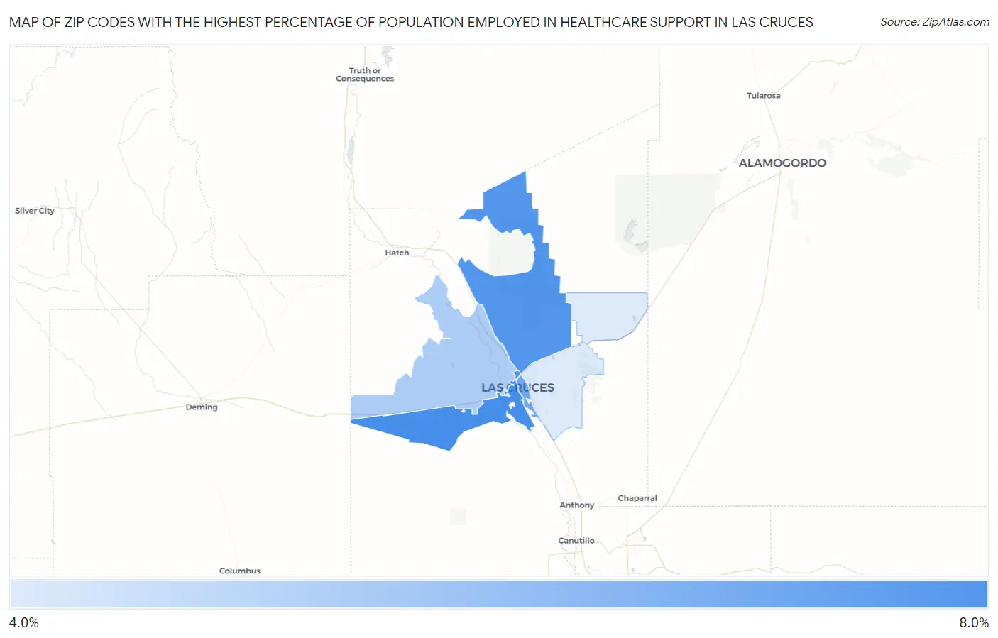 Zip Codes with the Highest Percentage of Population Employed in Healthcare Support in Las Cruces Map