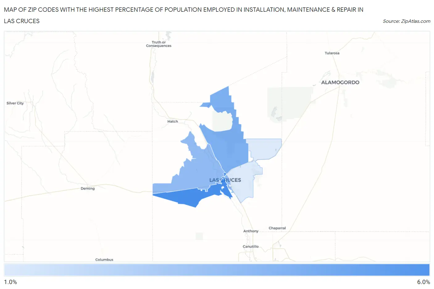 Zip Codes with the Highest Percentage of Population Employed in Installation, Maintenance & Repair in Las Cruces Map
