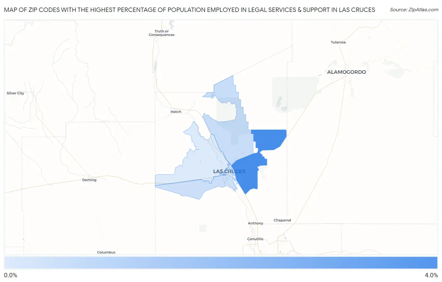 Zip Codes with the Highest Percentage of Population Employed in Legal Services & Support in Las Cruces Map