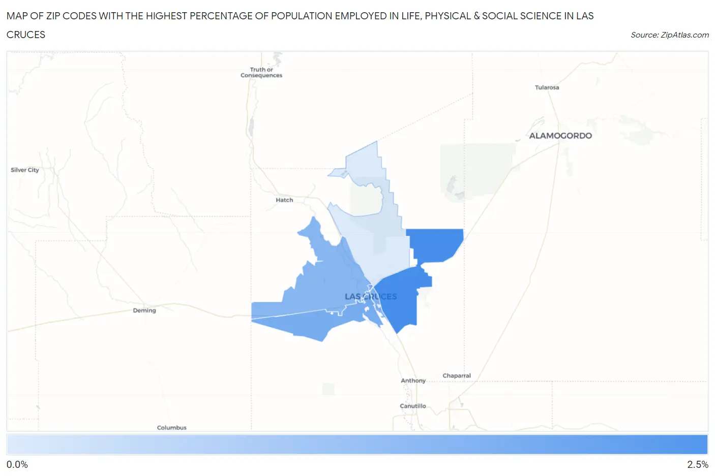 Zip Codes with the Highest Percentage of Population Employed in Life, Physical & Social Science in Las Cruces Map