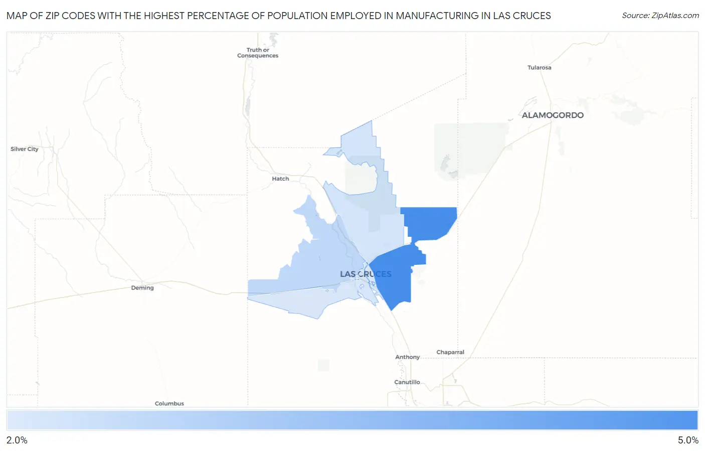 Zip Codes with the Highest Percentage of Population Employed in Manufacturing in Las Cruces Map