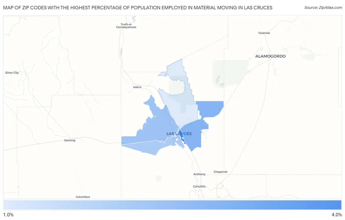 Zip Codes with the Highest Percentage of Population Employed in Material Moving in Las Cruces Map