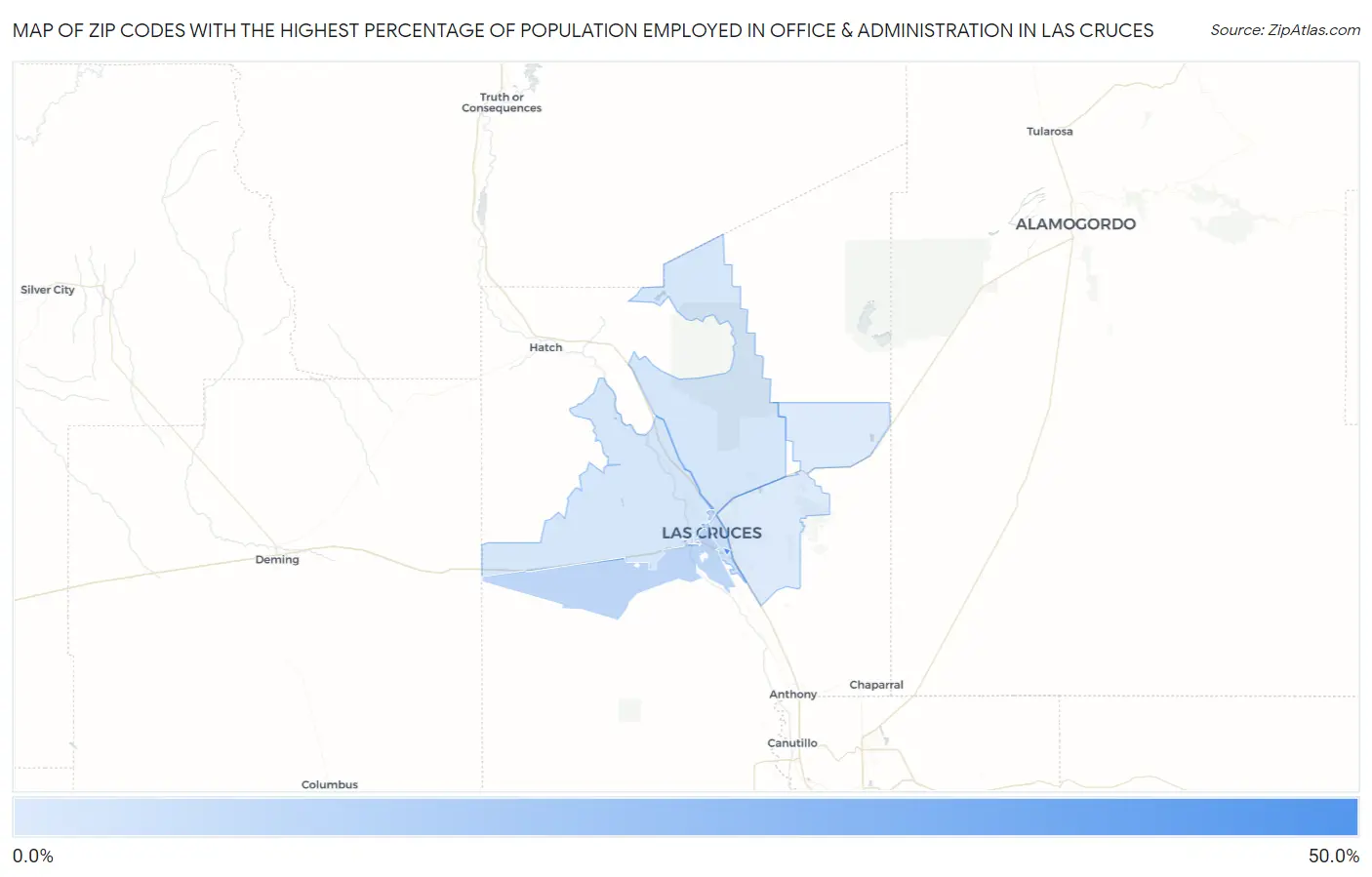 Zip Codes with the Highest Percentage of Population Employed in Office & Administration in Las Cruces Map
