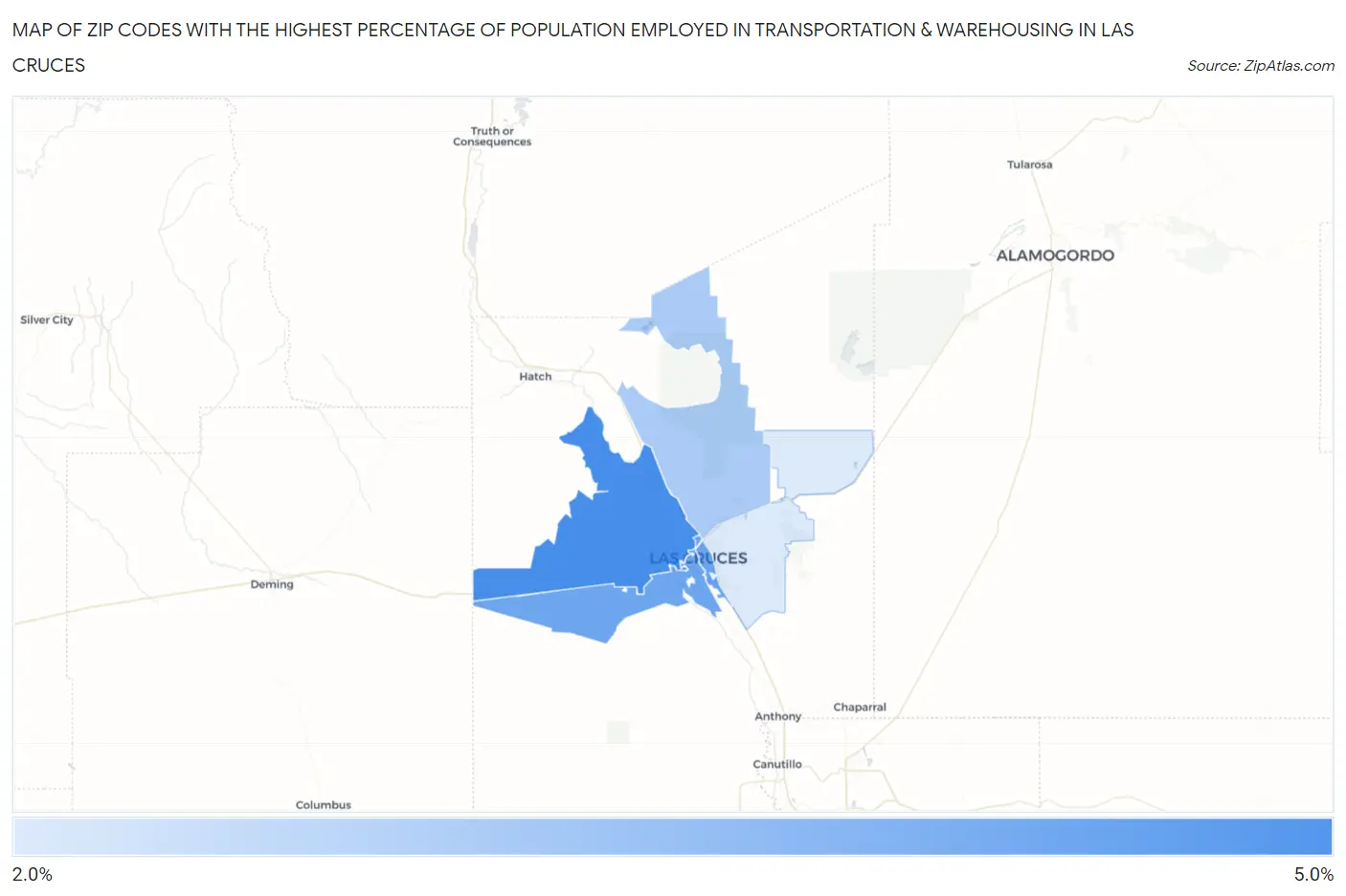 Zip Codes with the Highest Percentage of Population Employed in Transportation & Warehousing in Las Cruces Map