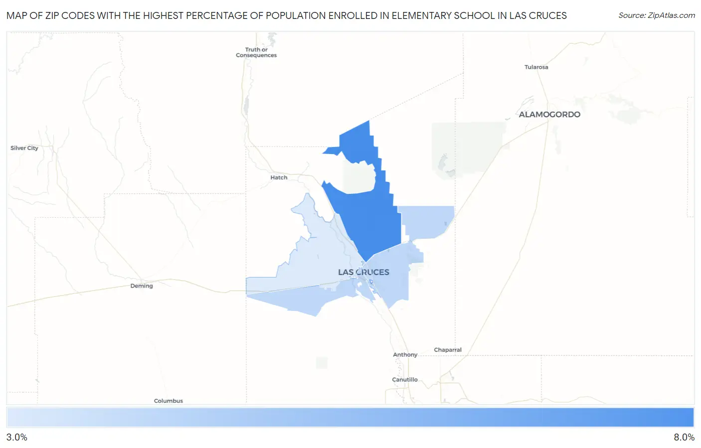 Zip Codes with the Highest Percentage of Population Enrolled in Elementary School in Las Cruces Map
