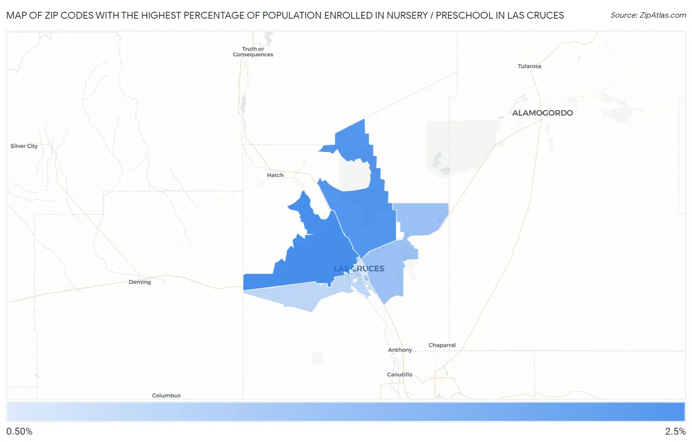 Zip Codes with the Highest Percentage of Population Enrolled in Nursery / Preschool in Las Cruces Map