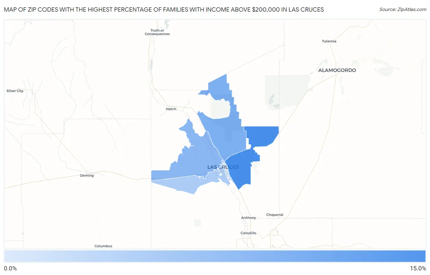Zip Codes with the Highest Percentage of Families with Income Above $200,000 in Las Cruces Map