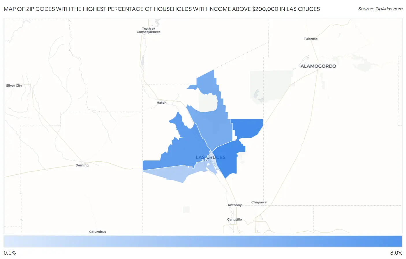 Zip Codes with the Highest Percentage of Households with Income Above $200,000 in Las Cruces Map