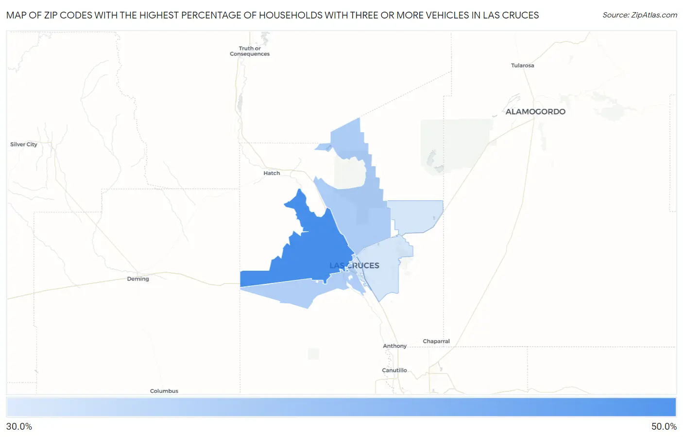 Zip Codes with the Highest Percentage of Households With Three or more Vehicles in Las Cruces Map