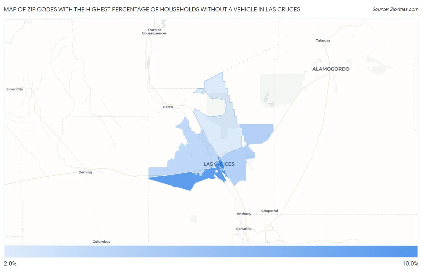 Zip Codes with the Highest Percentage of Households Without a Vehicle in Las Cruces Map