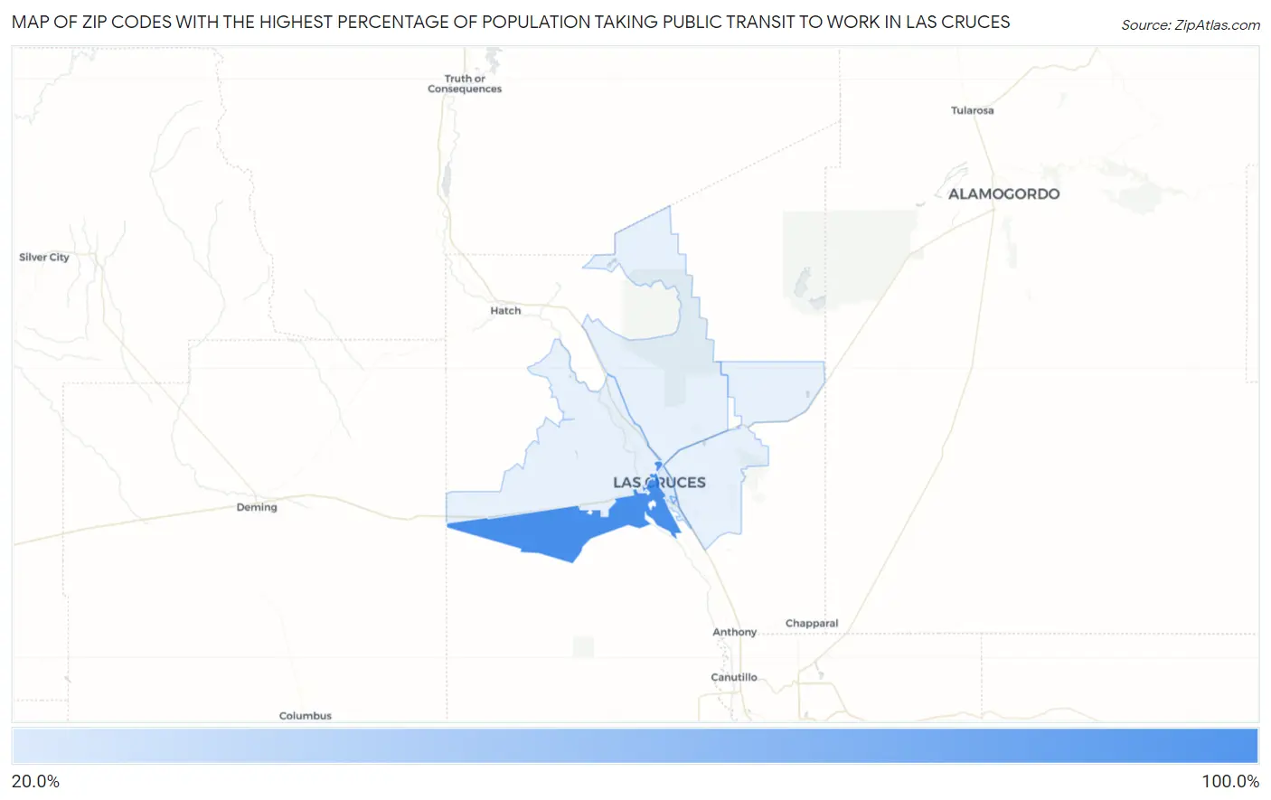 Zip Codes with the Highest Percentage of Population Taking Public Transit to Work in Las Cruces Map