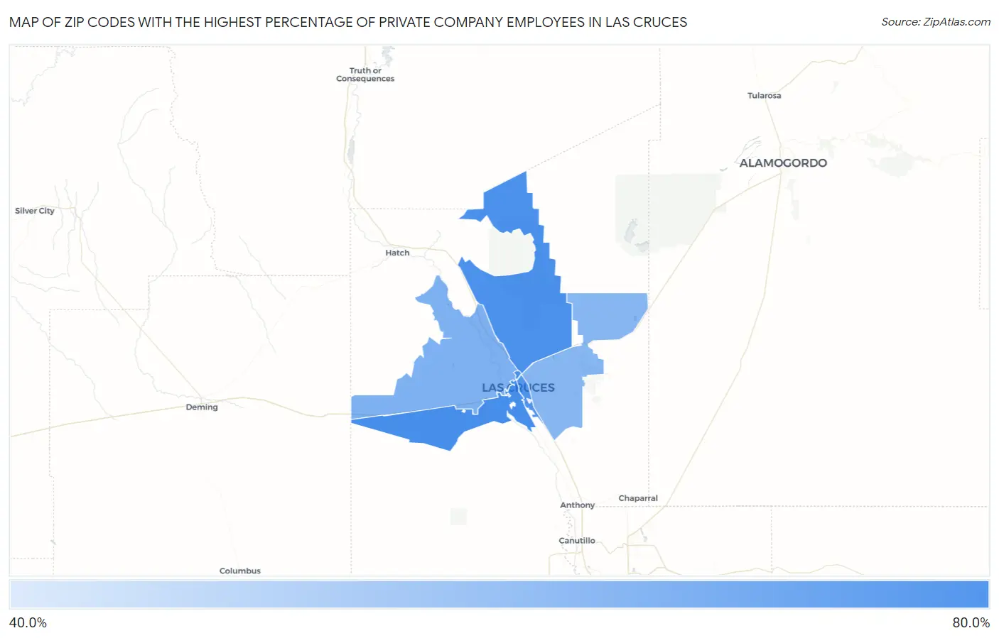 Zip Codes with the Highest Percentage of Private Company Employees in Las Cruces Map