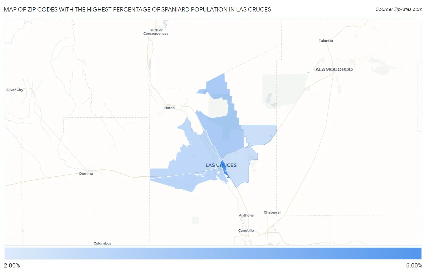 Zip Codes with the Highest Percentage of Spaniard Population in Las Cruces Map