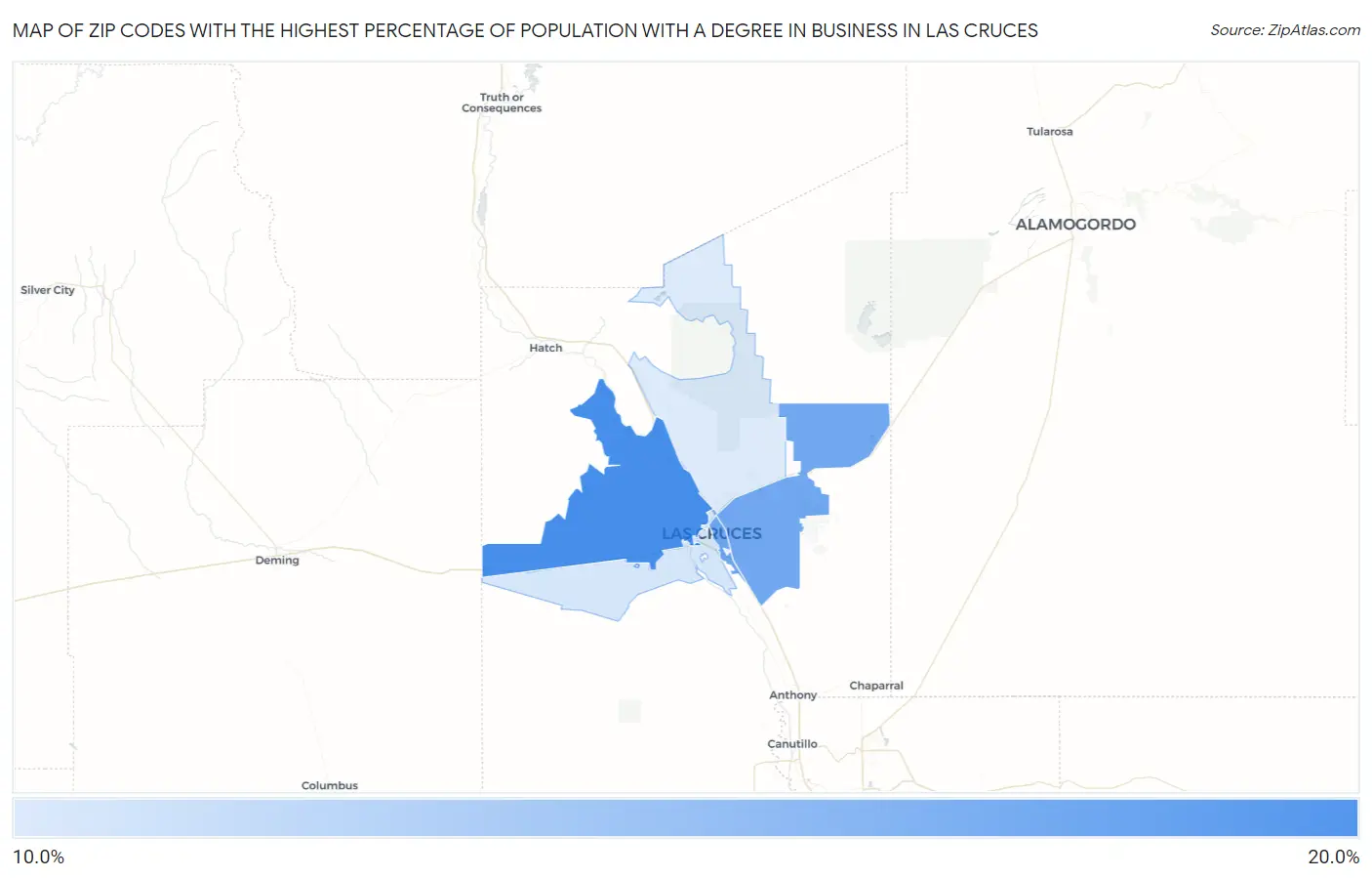 Zip Codes with the Highest Percentage of Population with a Degree in Business in Las Cruces Map