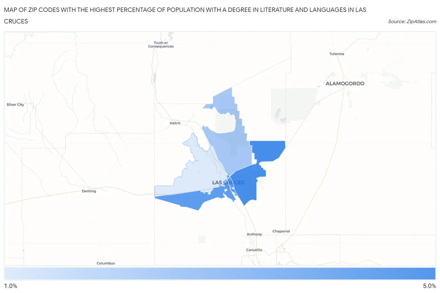 Zip Codes with the Highest Percentage of Population with a Degree in Literature and Languages in Las Cruces Map