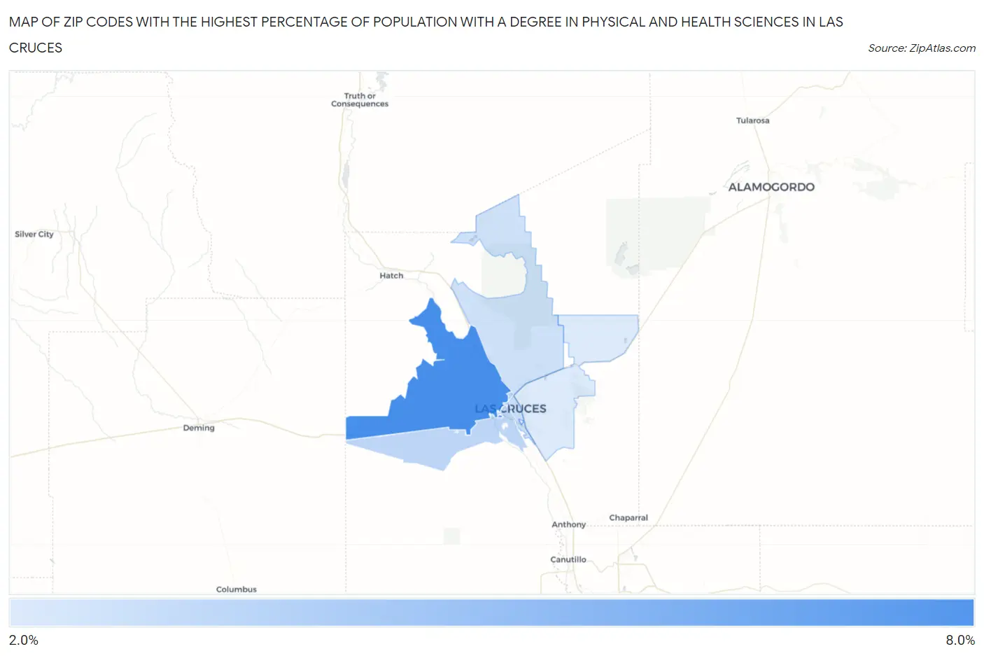 Zip Codes with the Highest Percentage of Population with a Degree in Physical and Health Sciences in Las Cruces Map