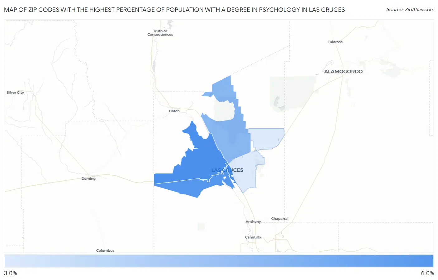 Zip Codes with the Highest Percentage of Population with a Degree in Psychology in Las Cruces Map