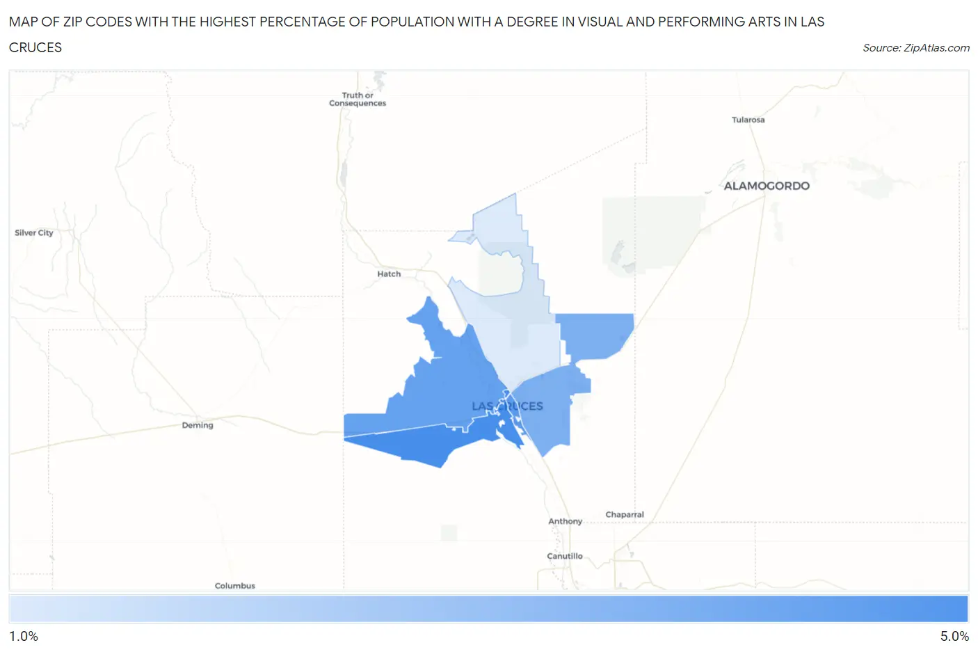 Zip Codes with the Highest Percentage of Population with a Degree in Visual and Performing Arts in Las Cruces Map