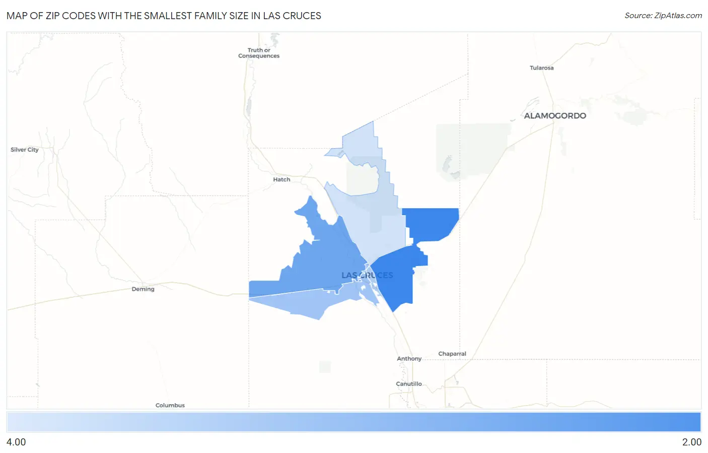 Zip Codes with the Smallest Family Size in Las Cruces Map