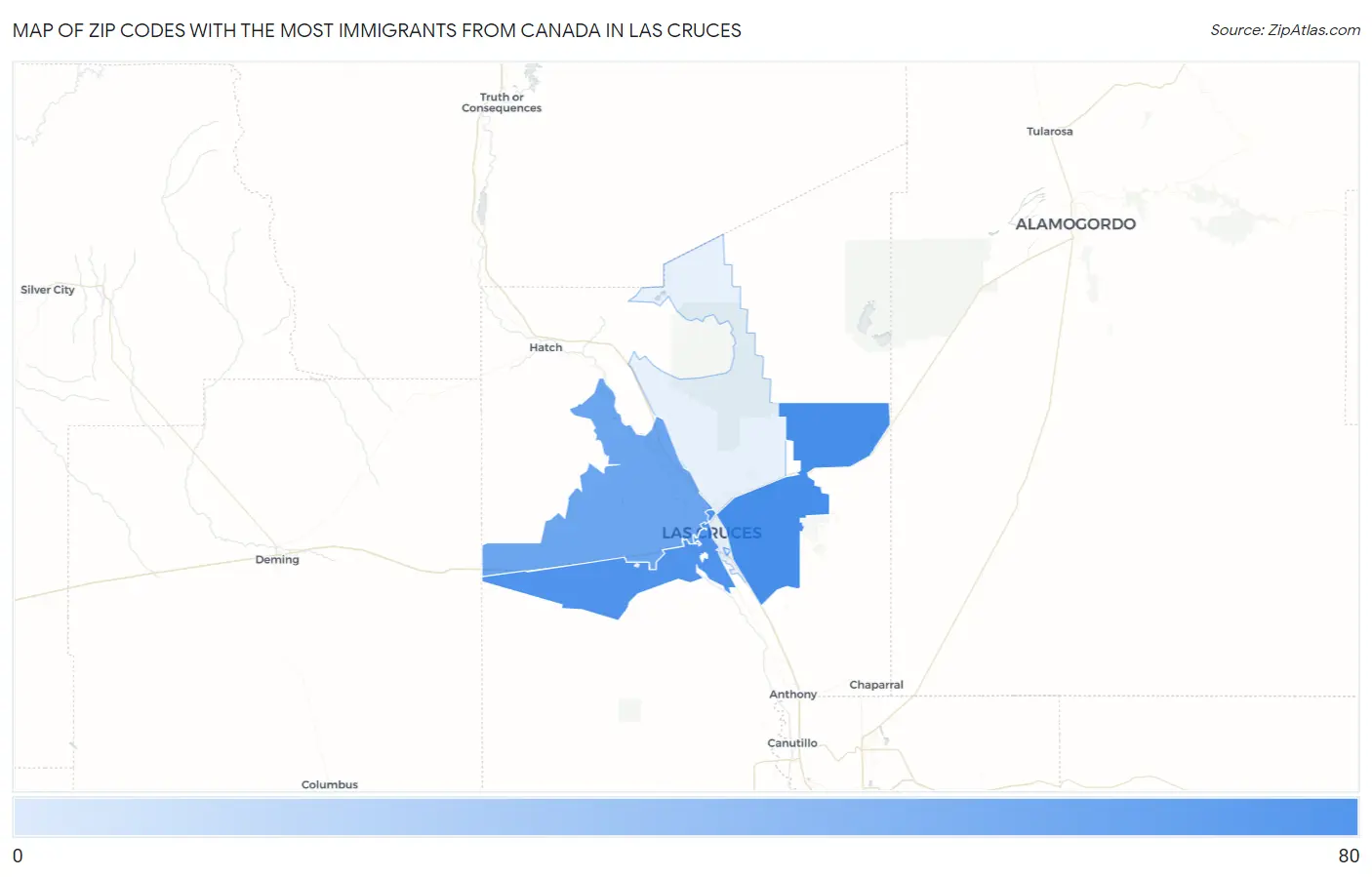 Zip Codes with the Most Immigrants from Canada in Las Cruces Map