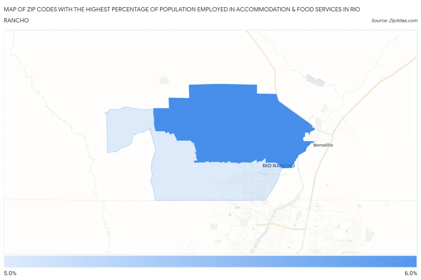 Zip Codes with the Highest Percentage of Population Employed in Accommodation & Food Services in Rio Rancho Map