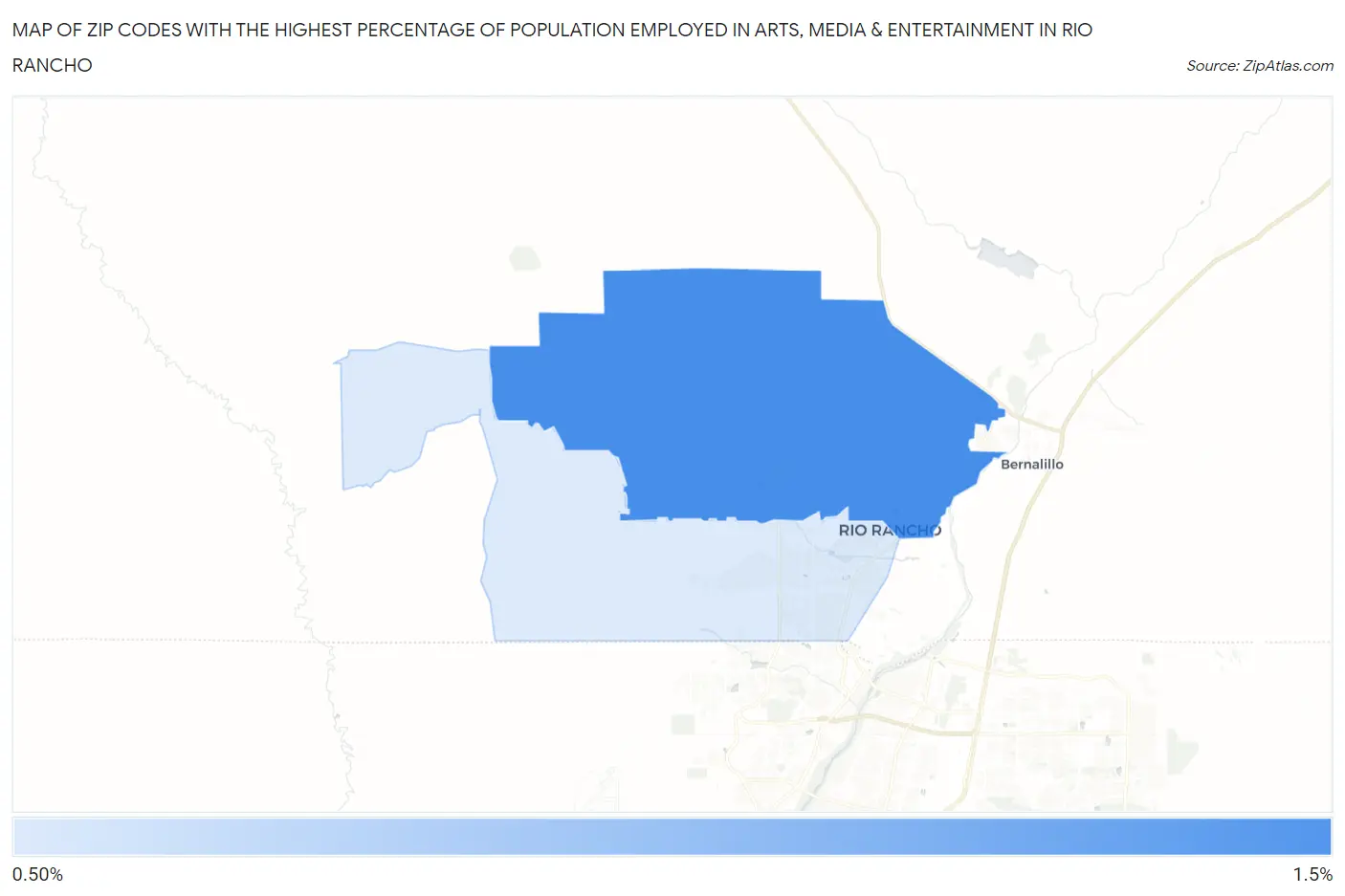 Zip Codes with the Highest Percentage of Population Employed in Arts, Media & Entertainment in Rio Rancho Map