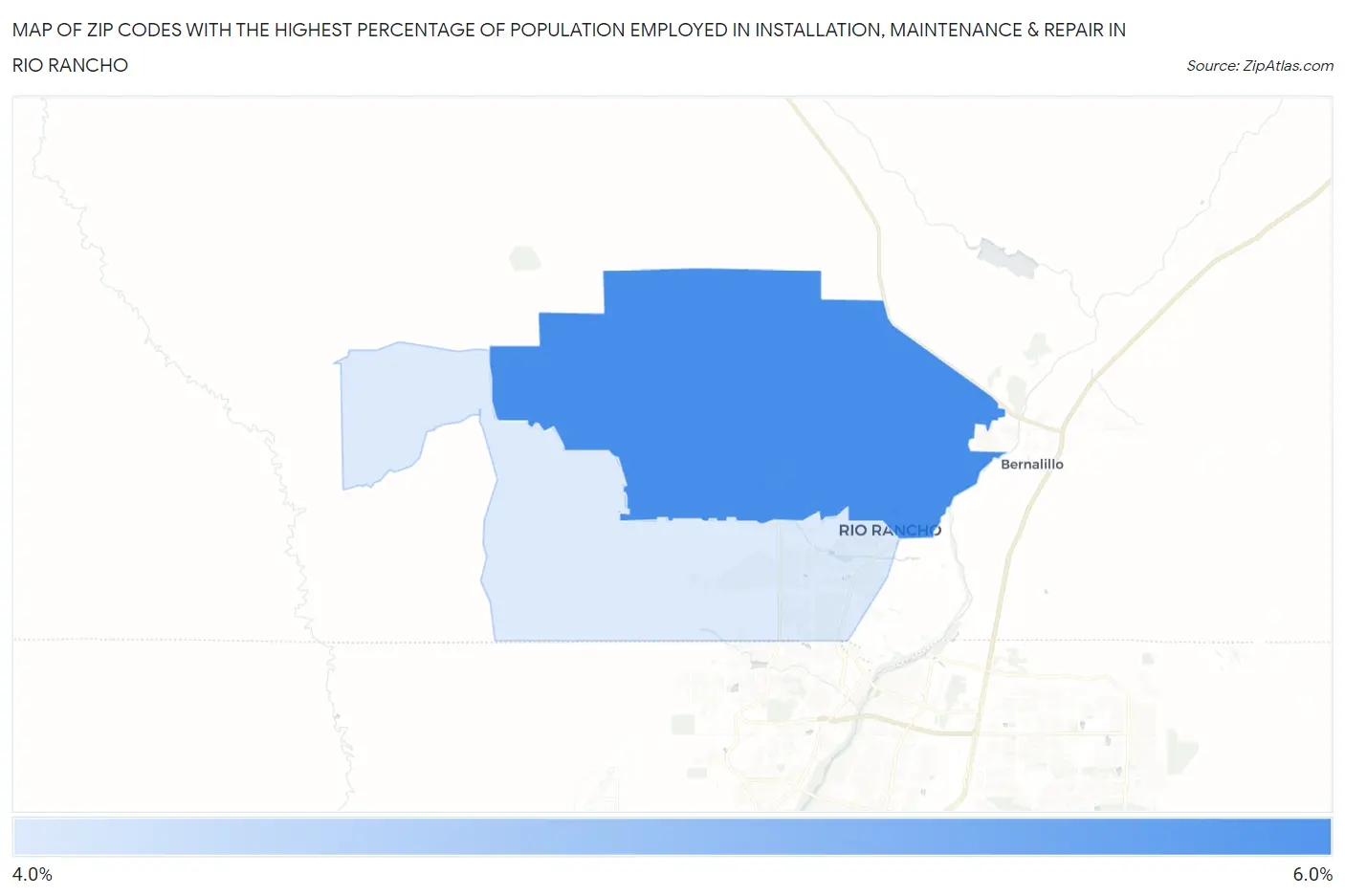 Zip Codes with the Highest Percentage of Population Employed in Installation, Maintenance & Repair in Rio Rancho Map