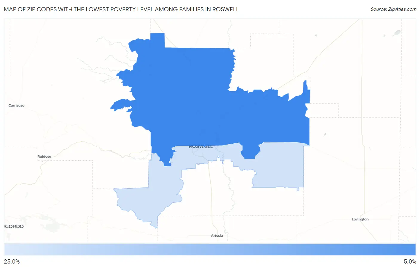 Zip Codes with the Lowest Poverty Level Among Families in Roswell Map