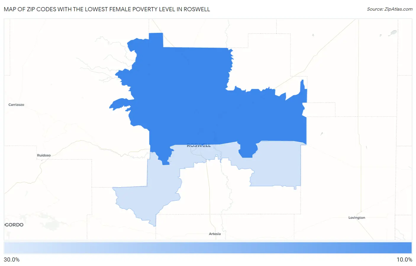 Zip Codes with the Lowest Female Poverty Level in Roswell Map